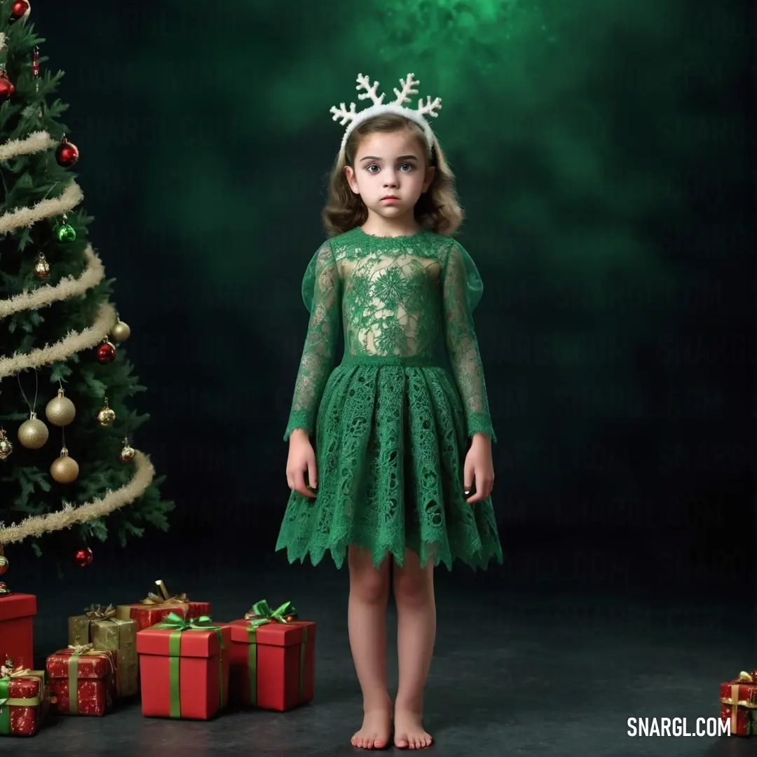 Little girl in a green dress standing next to a christmas tree and presents under a green light with snowflakes