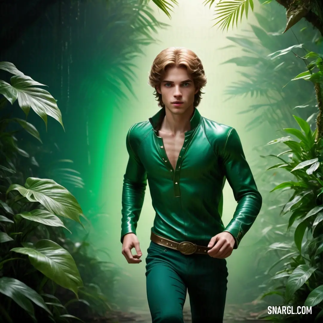 Man in a green outfit is walking through a jungle. Color Dark spring green.
