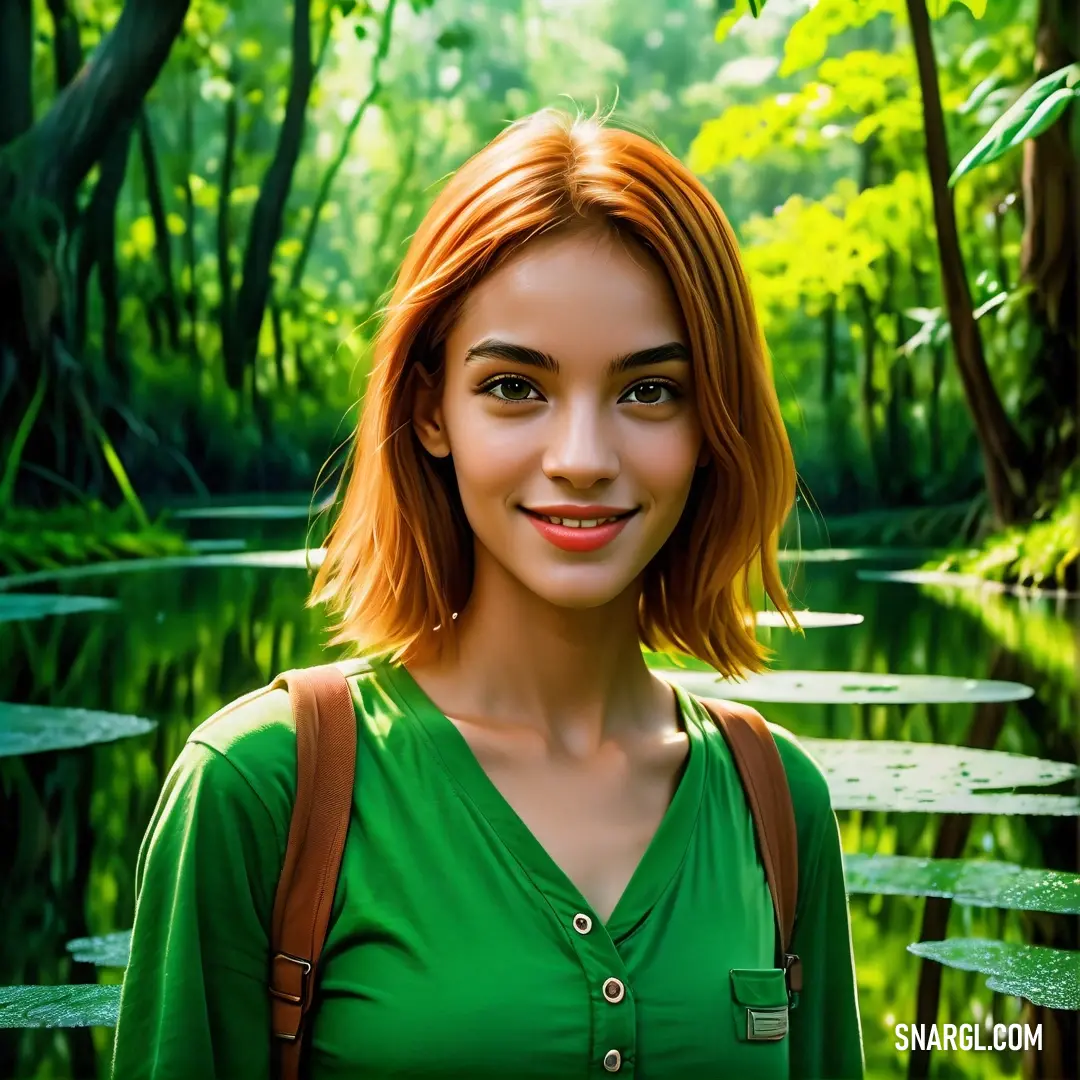 Dark spring green color. Woman with red hair and a green shirt is standing in a swampy area with lily pads and trees