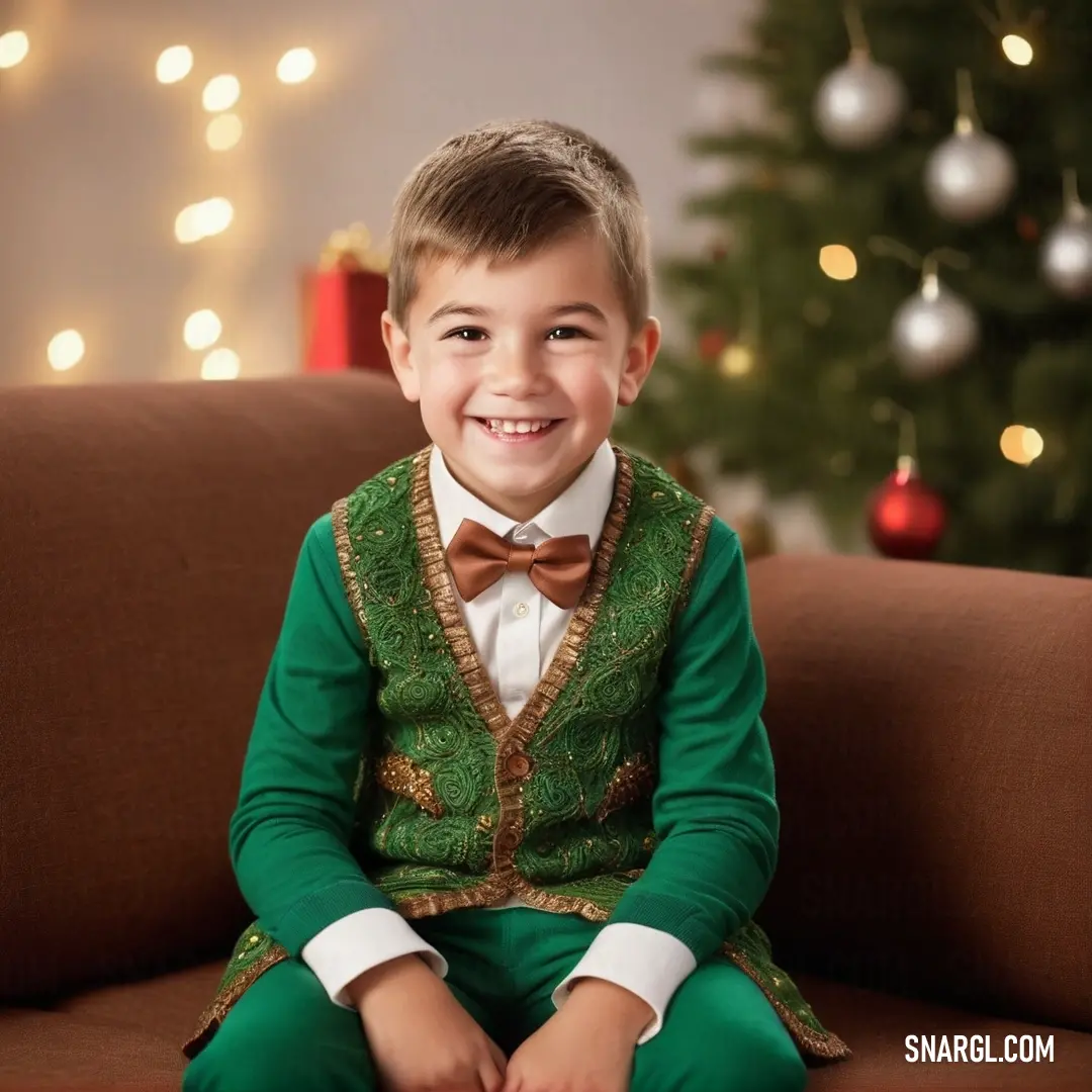 Young boy in a green suit and bow tie on a couch in front of a christmas tree. Color RGB 23,114,69.