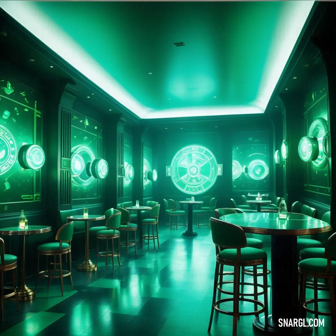 Dimly lit room with a lot of tables and chairs and a clock on the wall behind the bar. Color RGB 23,114,69.