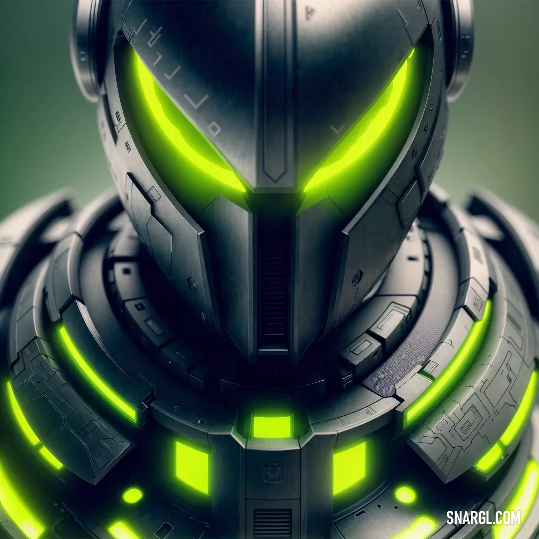 Futuristic looking robot with glowing eyes and a helmet on top of it's head