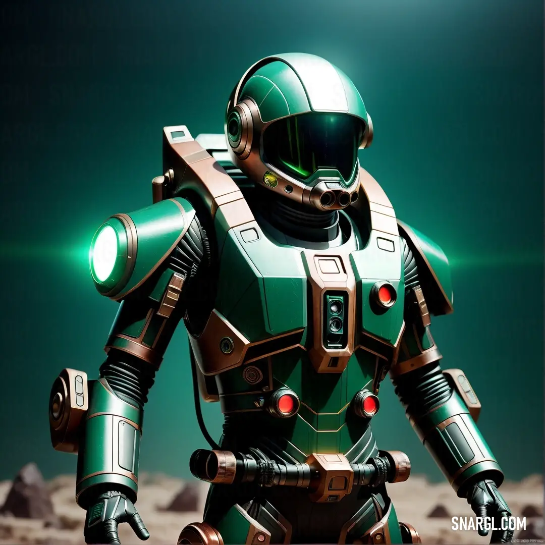 Green and gold robot standing in the desert with a green background. Example of CMYK 80,0,39,55 color.