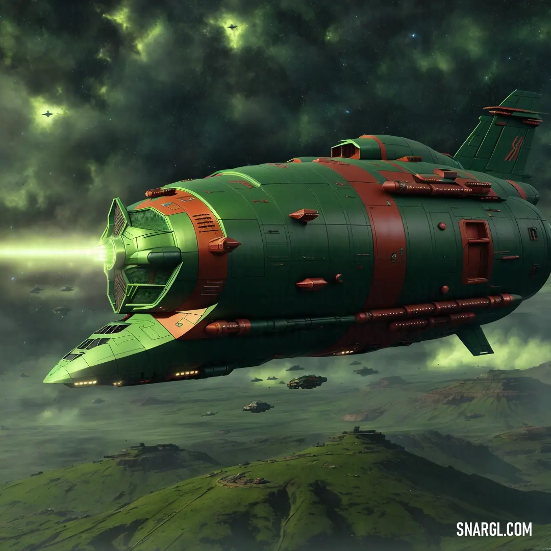 Green and red spaceship flying through a cloudy sky over a mountain range with a green