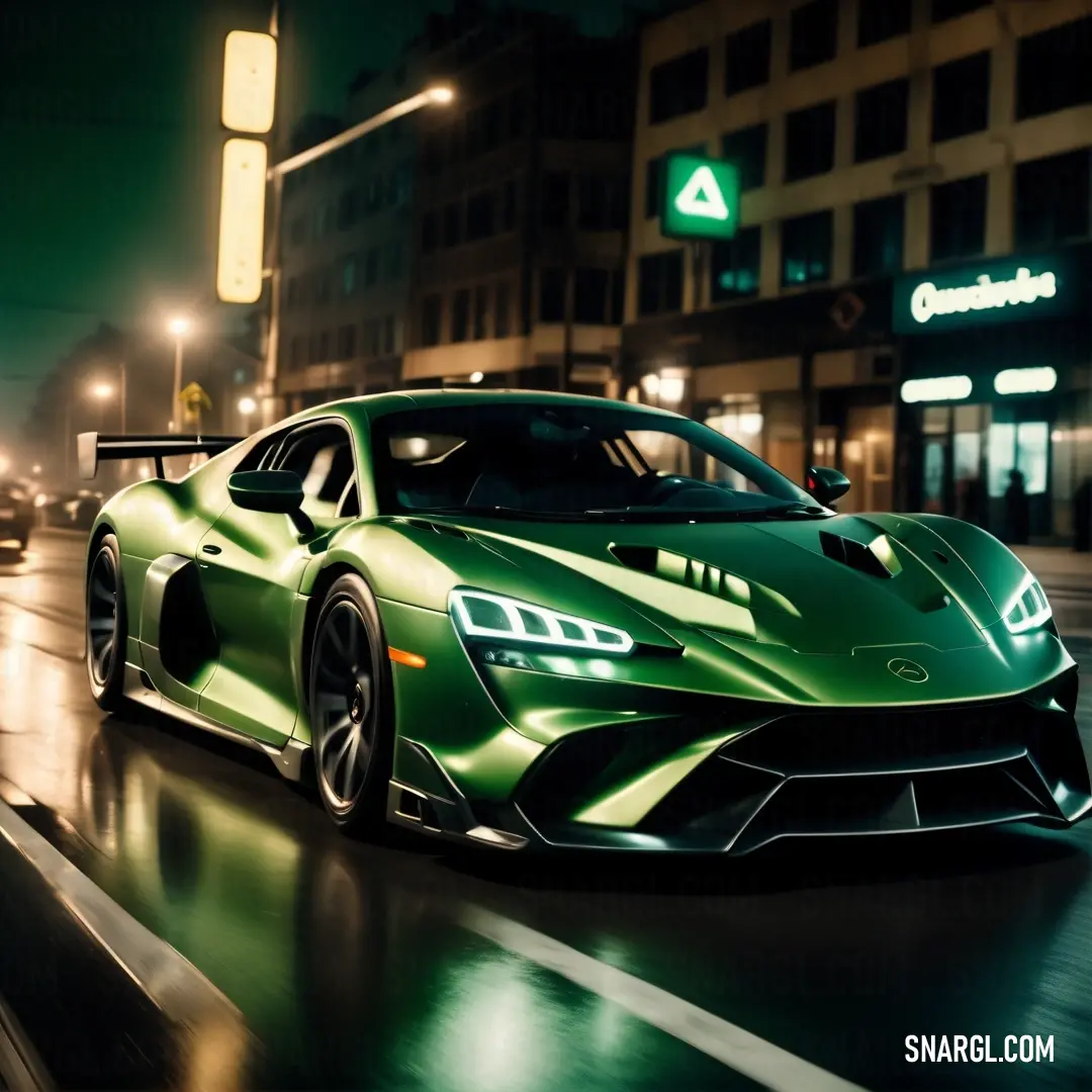 Dark spring green color. Green sports car driving down a wet street at night in the rain with a neon green light on