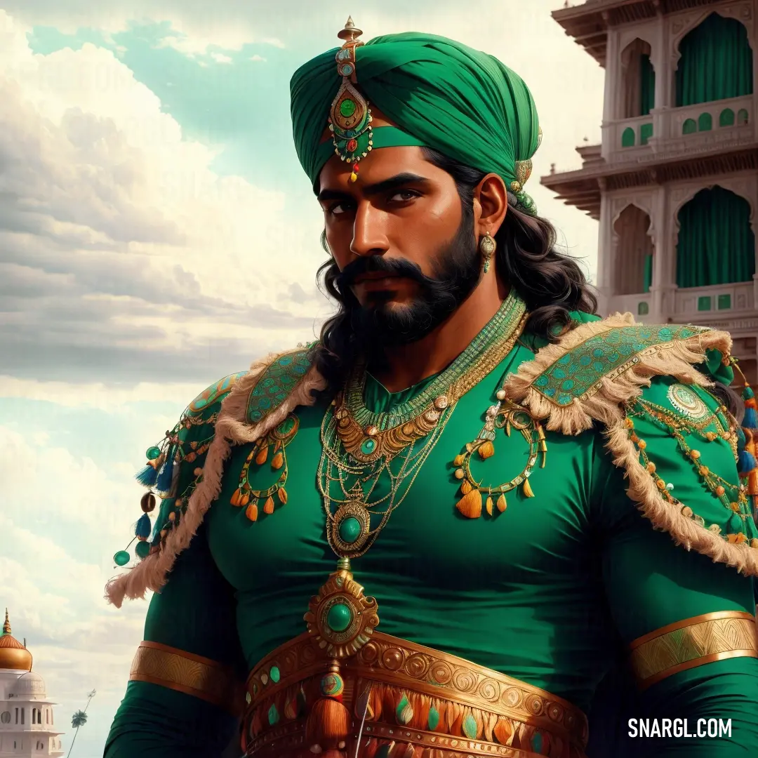 Man in a green outfit with a beard and a beard ring and a green turban and gold jewelry. Example of RGB 23,114,69 color.
