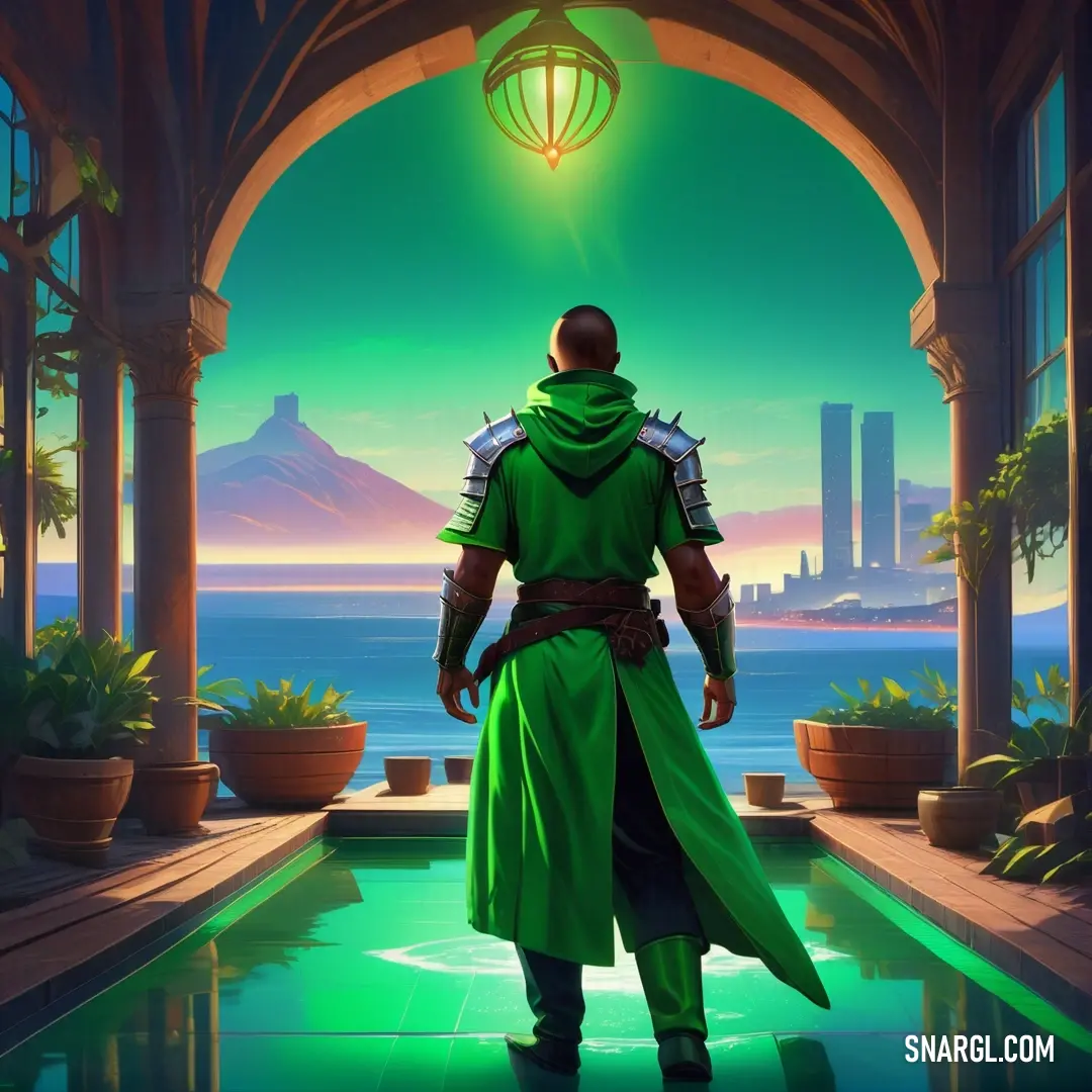 Man in a green outfit is standing in a doorway looking out at the ocean and a city in the distance. Color RGB 23,114,69.