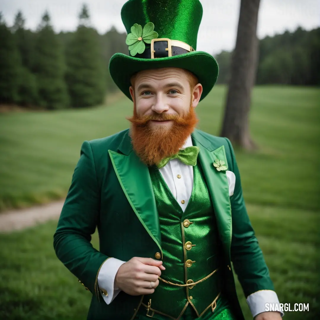 Man in a green suit and hat with a beard and a beard wearing a green jacket and bow tie