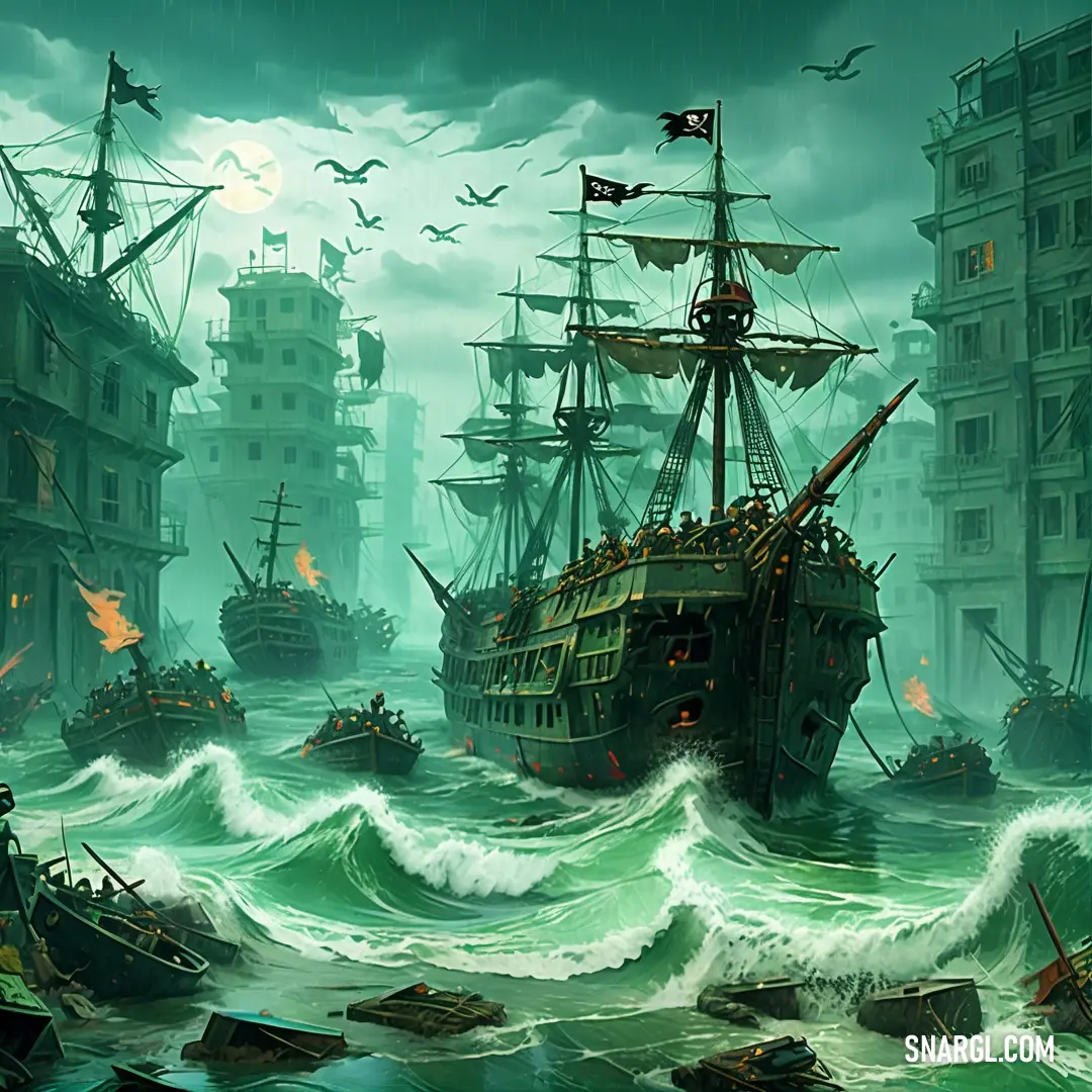 Painting of a ship in a harbor with a lot of ships in the background and birds flying around