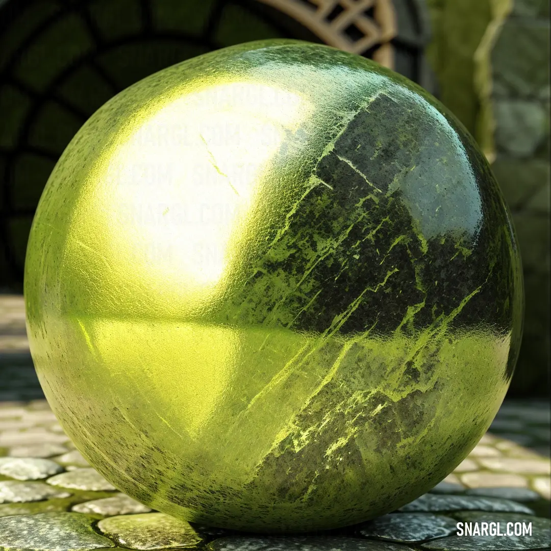 Shiny green ball on a stone floor next to a doorway and a doorway way