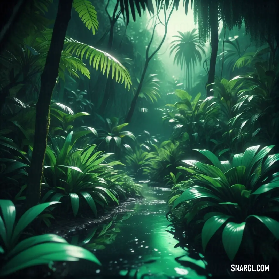 Stream in a tropical jungle with green foliage and trees on either side of it. Example of RGB 23,114,69 color.