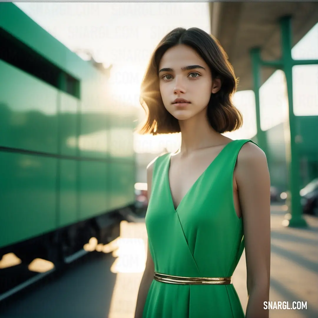 Woman in a green dress standing next to a train station platform. Color #177245.