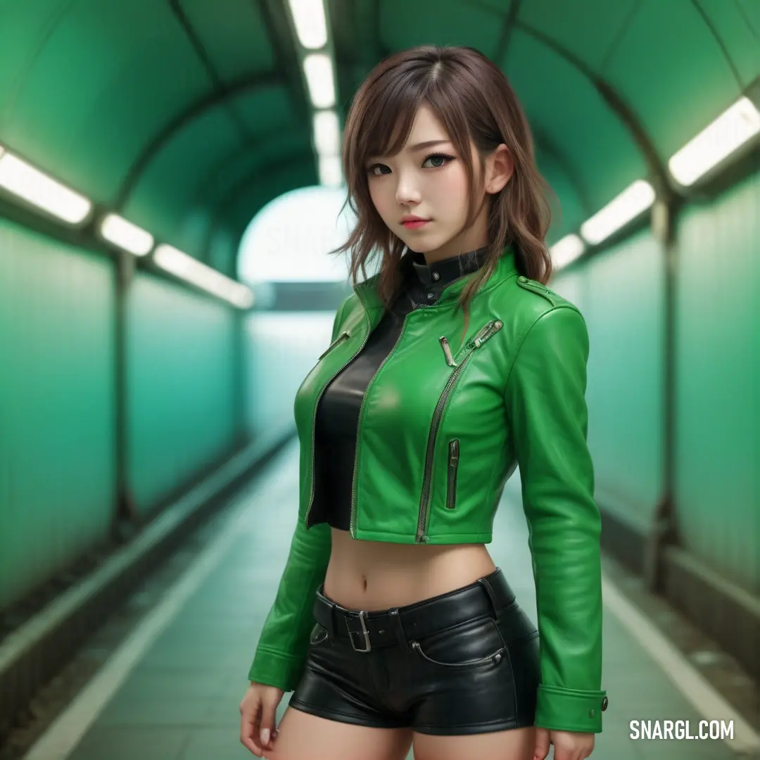 What color is RGB 23,114,69? Example - Woman in a green jacket and black shorts standing in a tunnel with a green light behind her