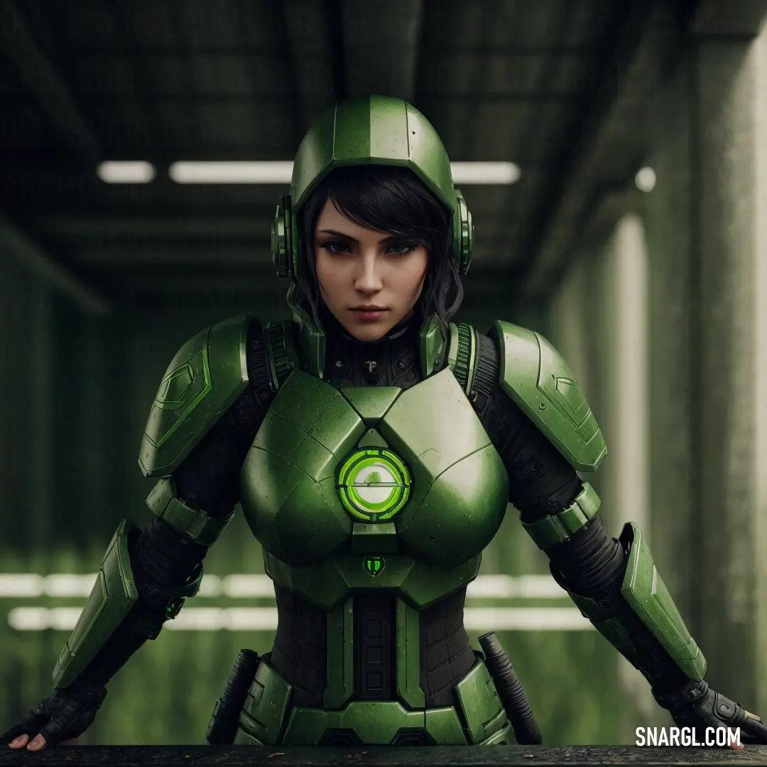 Woman in a green suit standing in a hallway with her arms outstretched and hands on her hips