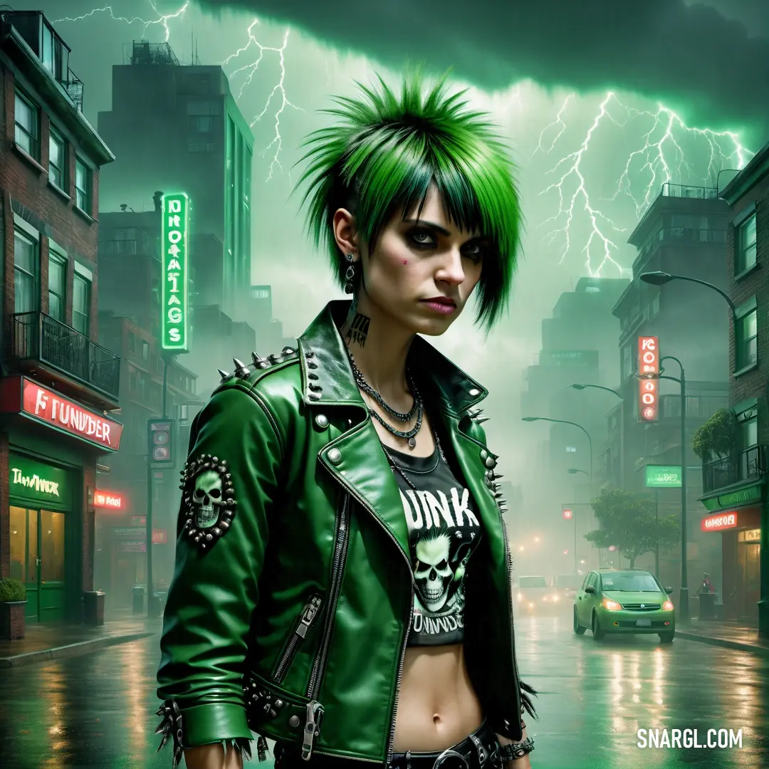 Woman with green hair and a punk punk shirt in a city street. Color Dark spring green.