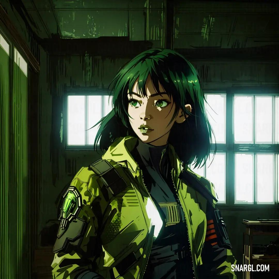 Woman with green hair and a green jacket in a room with windows and a green light shining through the window. Example of #177245 color.