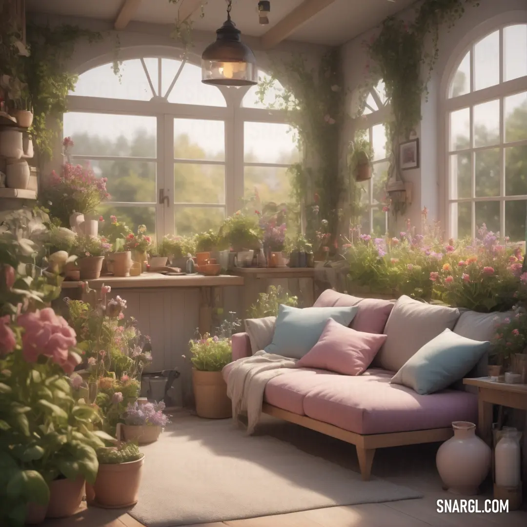 Couch in a room filled with lots of flowers and plants on top of a wooden floor next to a window