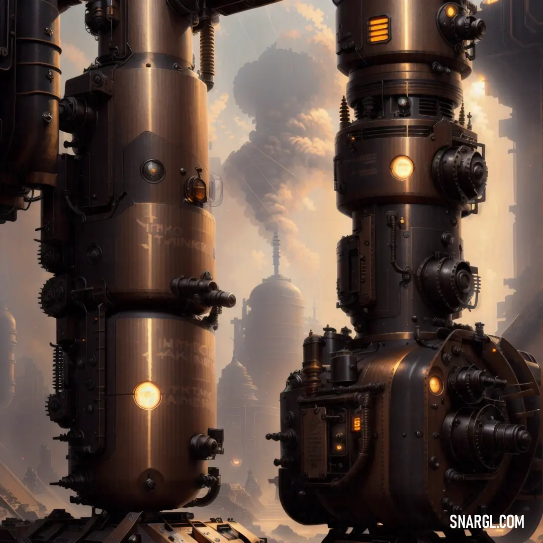 Futuristic city with a lot of pipes and pipes and a clock tower in the background
