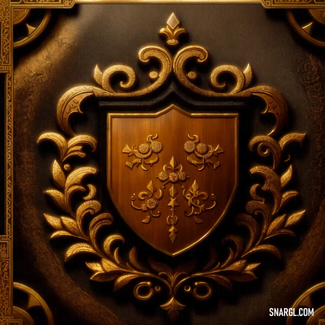 Golden shield with a cross and fleurons on it is mounted on a black wall with gold trim