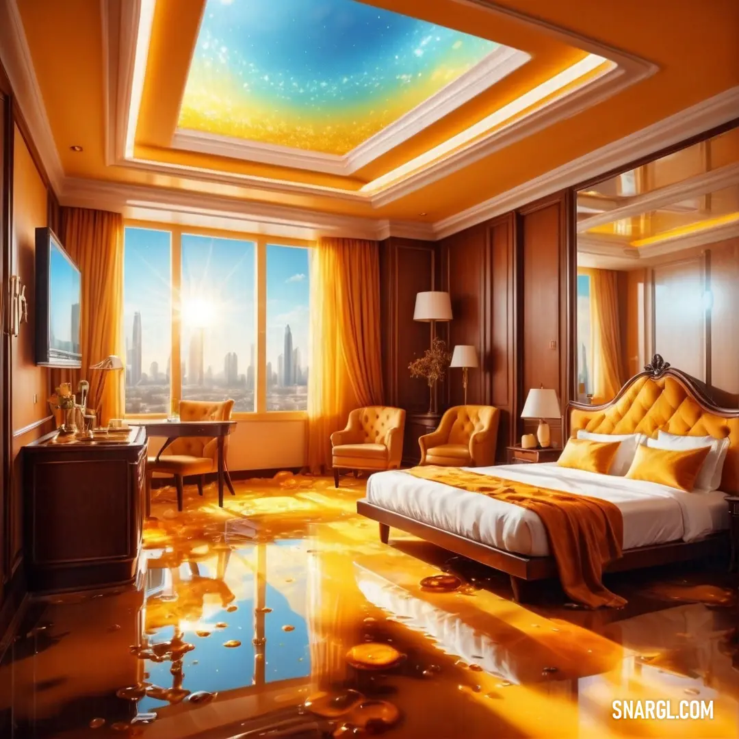 Bedroom with a large bed and a skylight in the ceiling and a large window with a city view. Example of #FFA812 color.