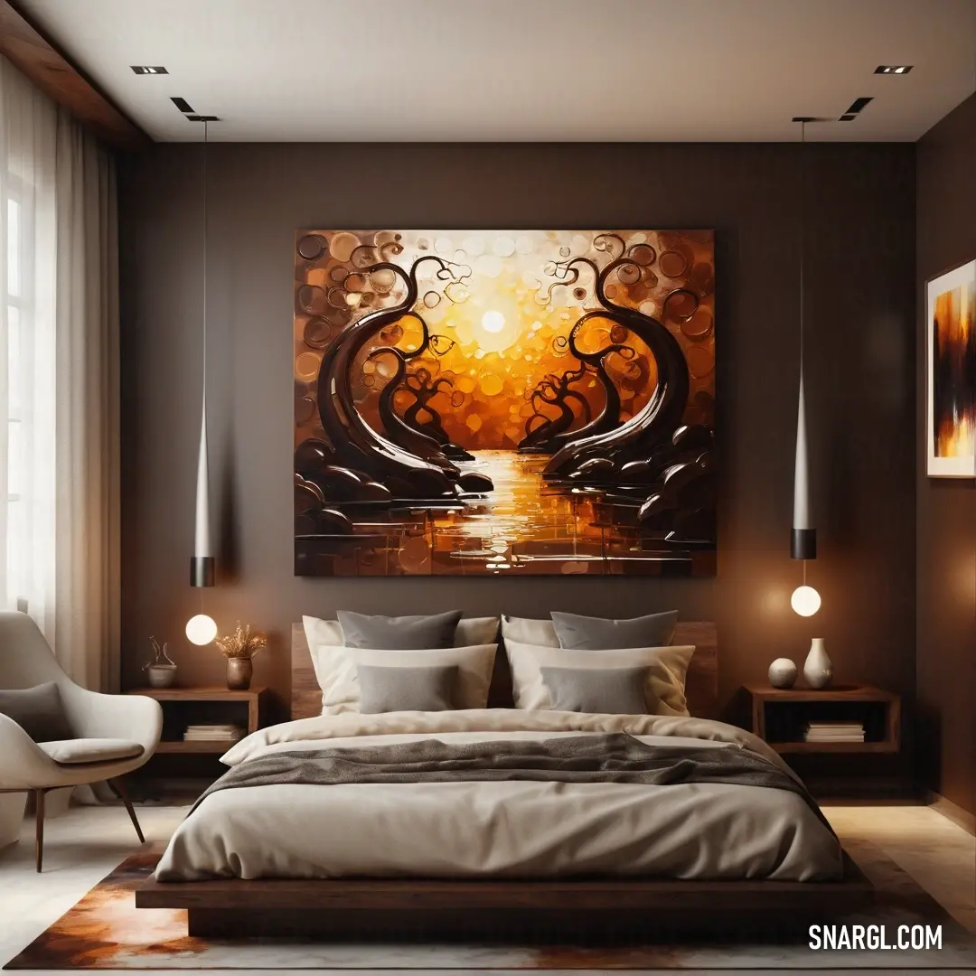Dark tangerine color example: Bedroom with a large painting on the wall above the bed and a chair in front of it
