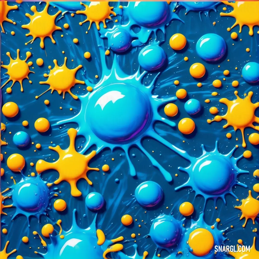 Blue and yellow painting with orange and yellow dots on it's surface and a blue background. Example of #FFA812 color.