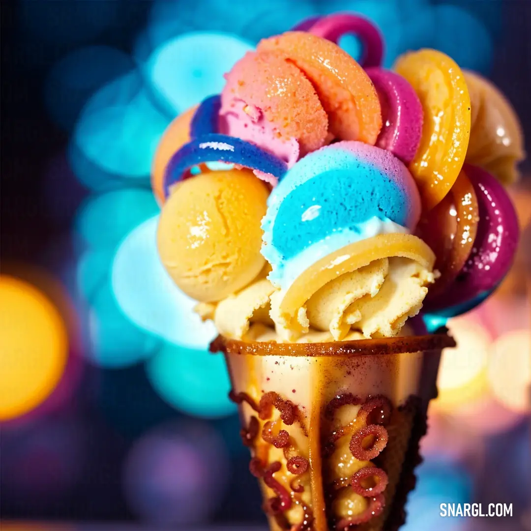 Colorful ice cream sundae with a decorative cone of ice cream and colorful donuts in it's center. Example of Dark tangerine color.