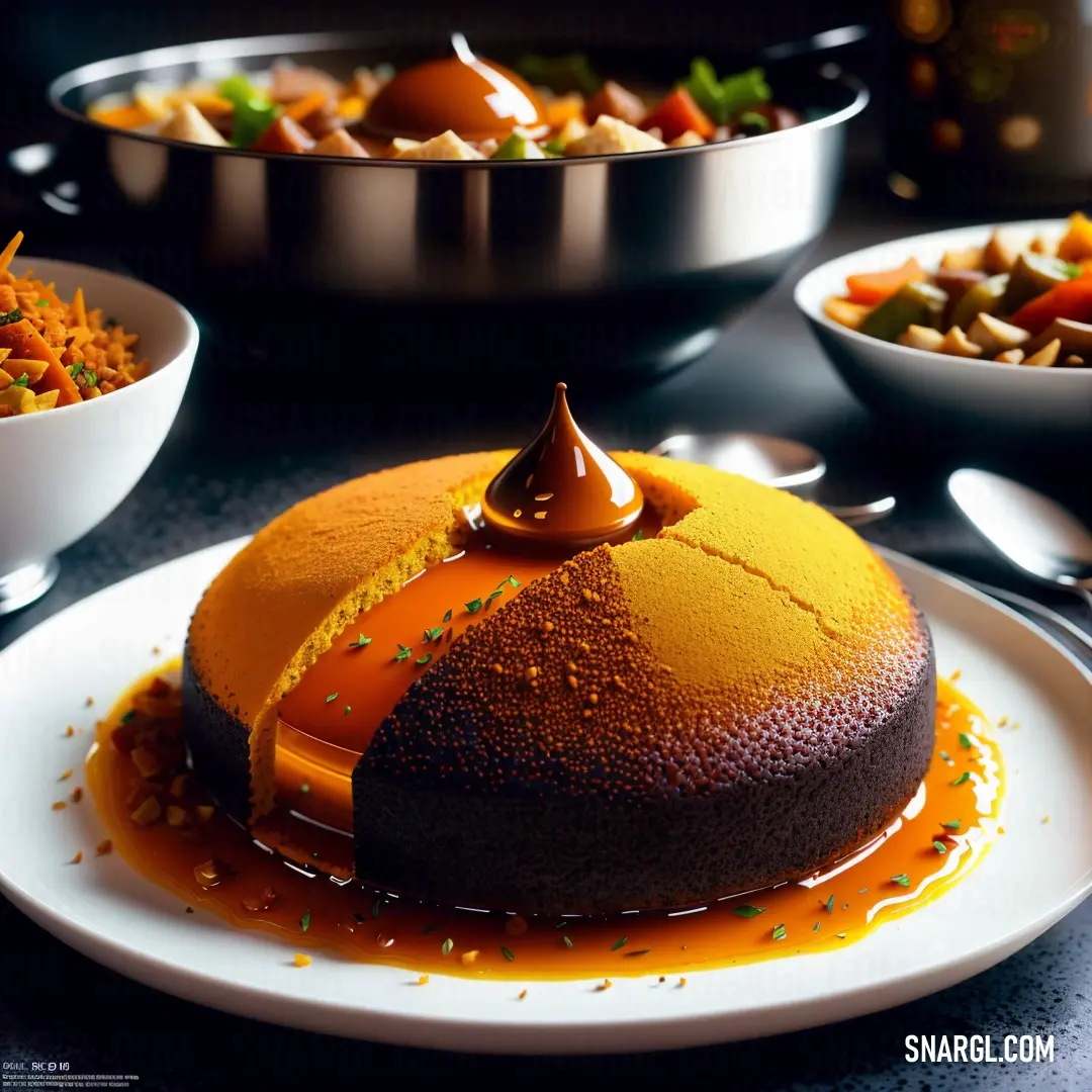 Dark tangerine color. Cake with a caramel sauce on top of it on a plate with other plates of food in the background