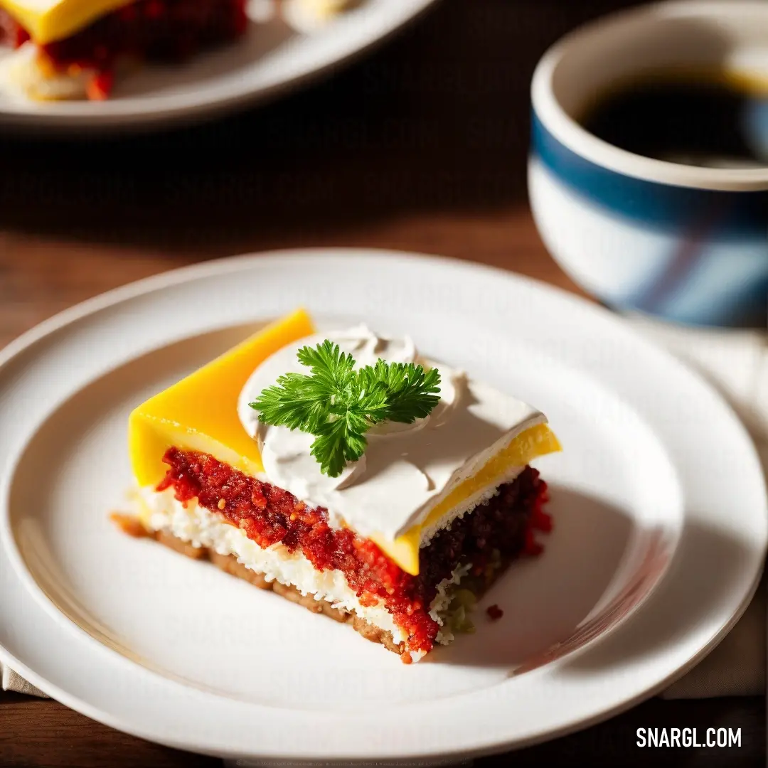 Piece of cake on a plate with a cup of coffee in the background. Color #FFA812.