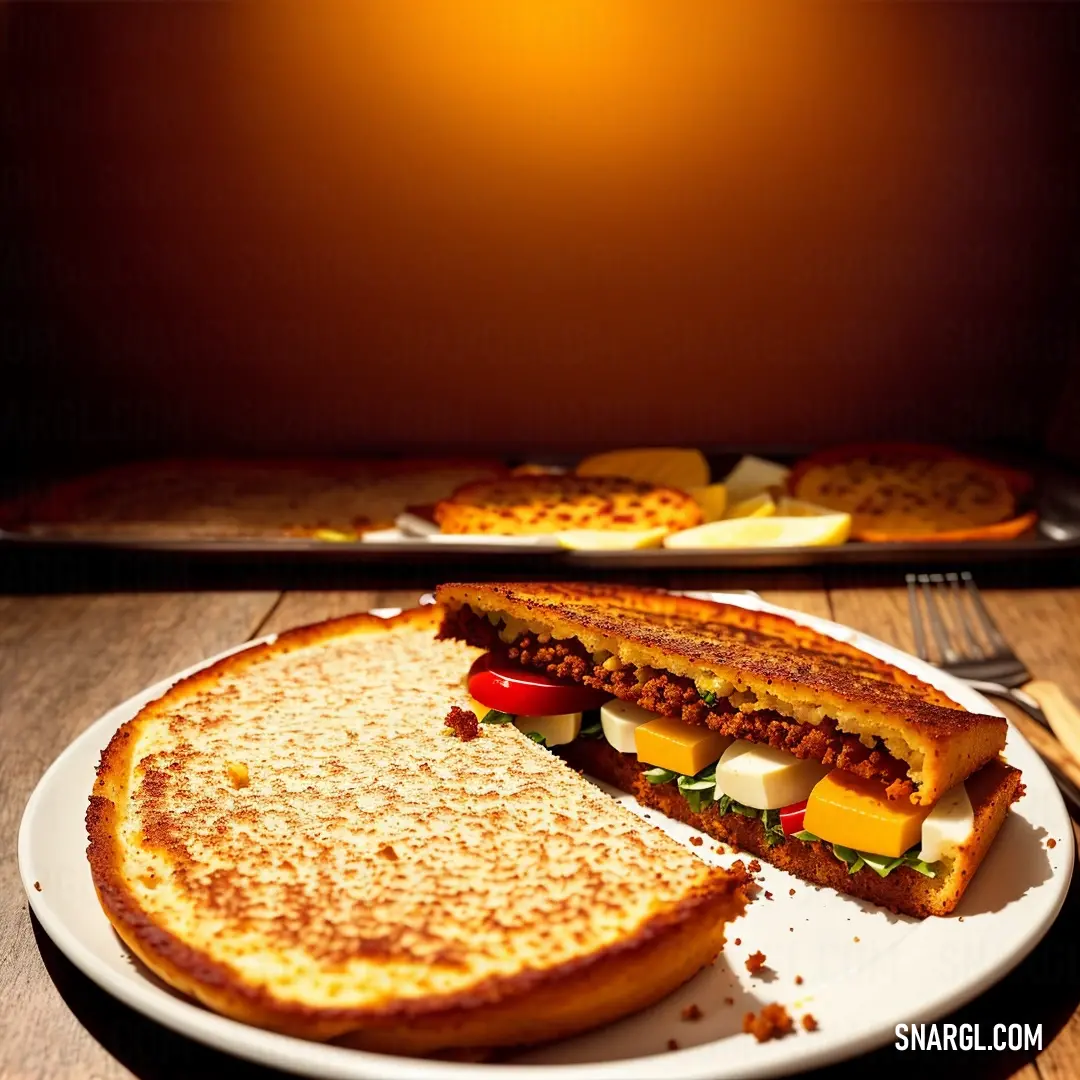 Sandwich cut in half on a plate with a fork and knife on a table with a pan of pizza in the background. Example of Dark tangerine color.