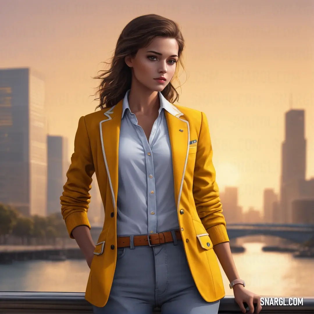 Woman in a yellow jacket and jeans standing in front of a cityscape with a river and bridge in the background. Color Dark tangerine.