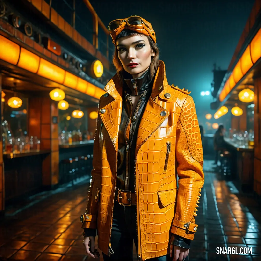 Woman in a yellow jacket and a scarf on a street at night with lights on the buildings behind her. Example of CMYK 0,34,93,0 color.