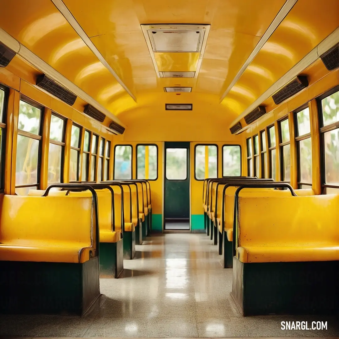 Dark tangerine color. Yellow bus with lots of seats and windows on it's side and a door on the back