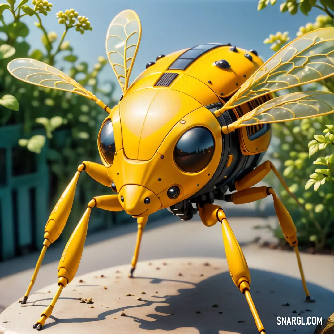 Yellow insect with black eyes and antennae on a table next to a bush and fence with green leaves. Example of CMYK 0,34,93,0 color.