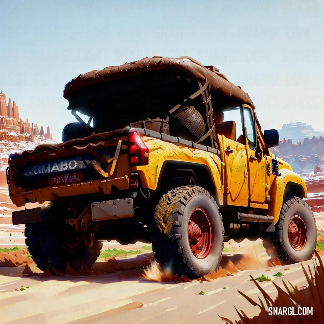 Yellow jeep driving down a dirt road next to a desert landscape with a large rock formation in the background. Color RGB 255,168,18.