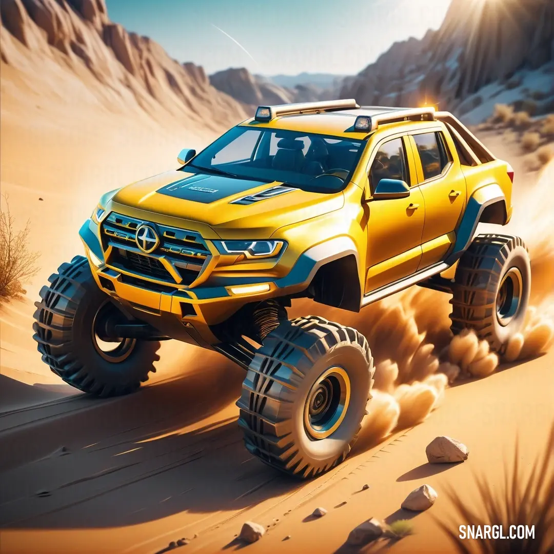 Dark tangerine color. Yellow truck driving through a desert with rocks and sand behind it and a mountain in the background