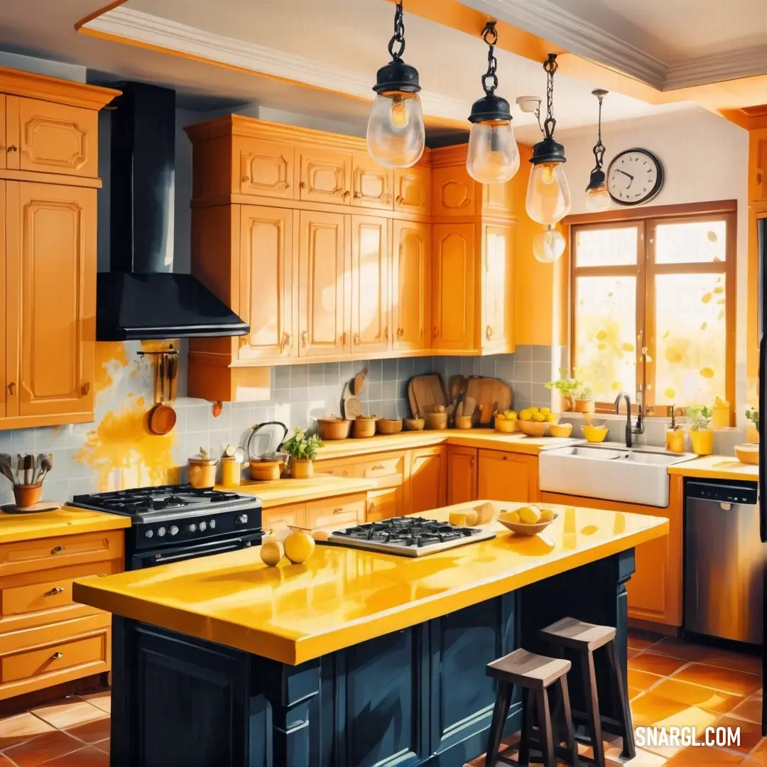 Kitchen with a yellow counter top and a black stove top oven and a sink and a window with a clock. Example of CMYK 0,34,93,0 color.