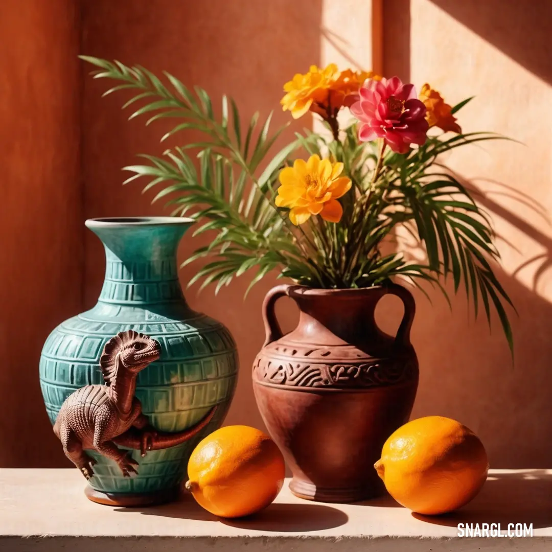 Vase with flowers and two oranges on a table with a vase of flowers and two oranges. Example of Dark tangerine color.