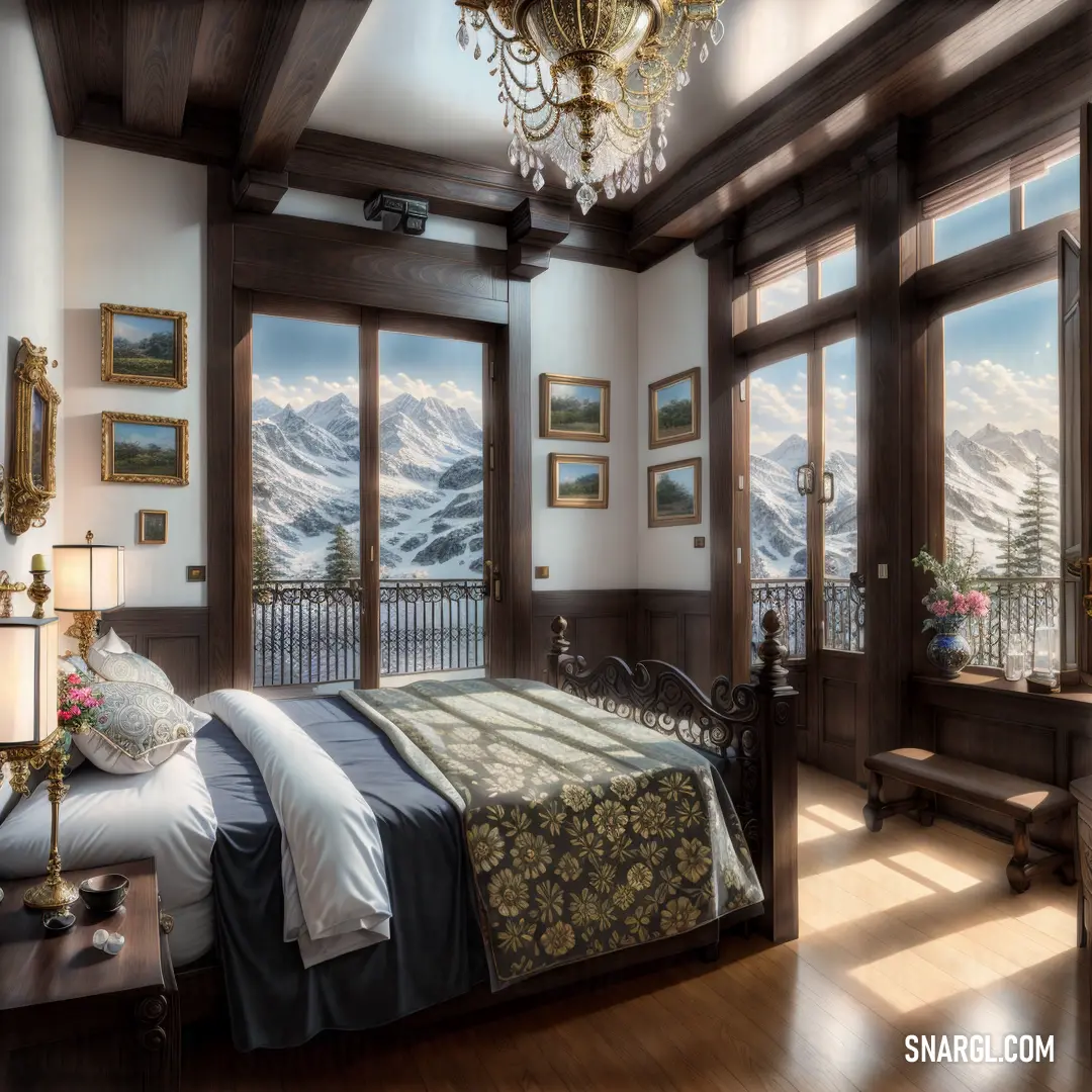 Bedroom with a large bed and a chandelier hanging from the ceiling and a balcony with a mountain view. Example of #483C32 color.