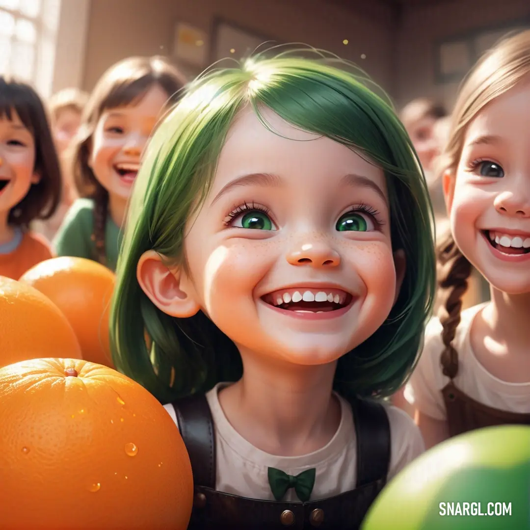 Group of children with green hair and oranges in a room with a smiling girl in the center. Color Dark taupe.