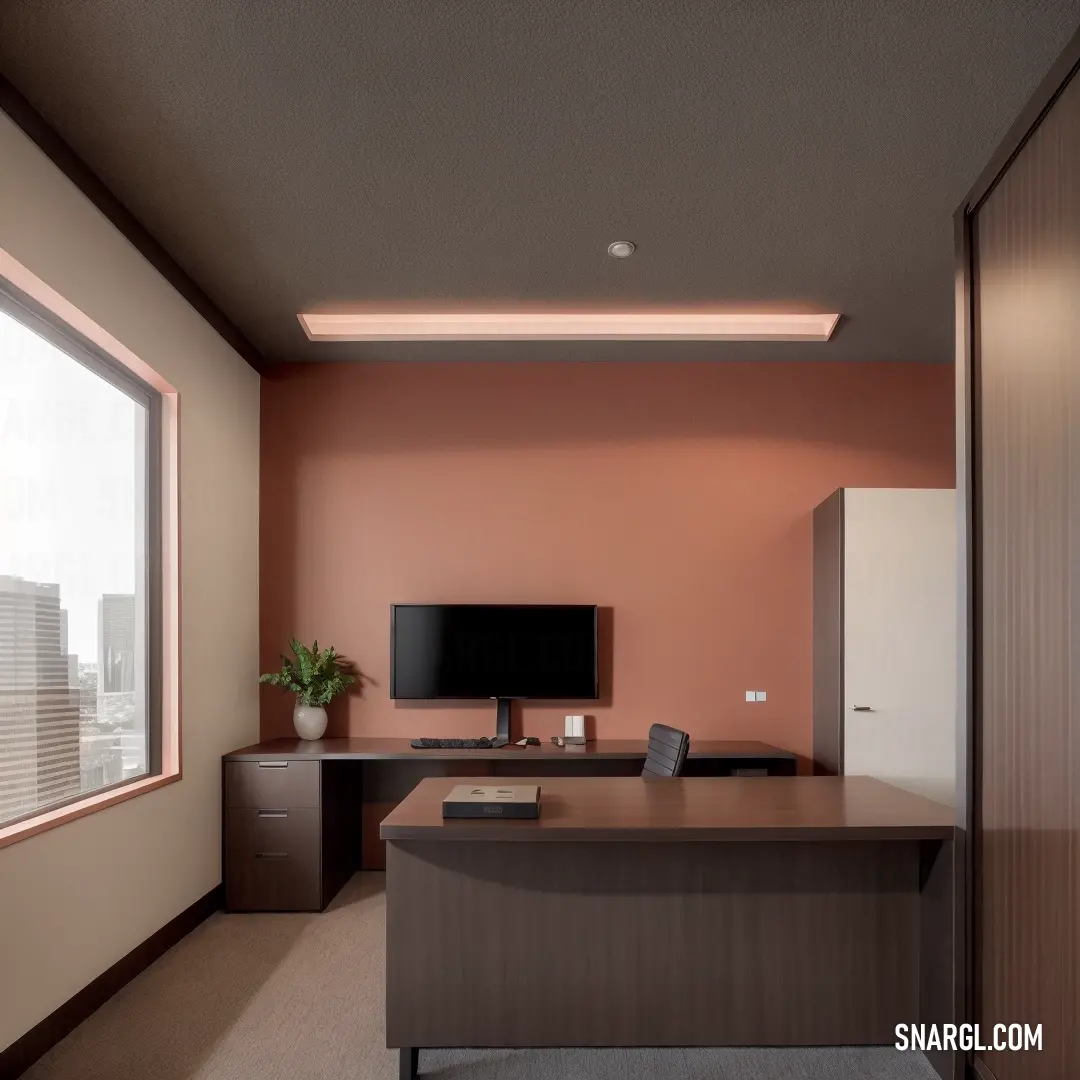Dark taupe color. Room with a desk and a television on a stand in it and a window with a city view