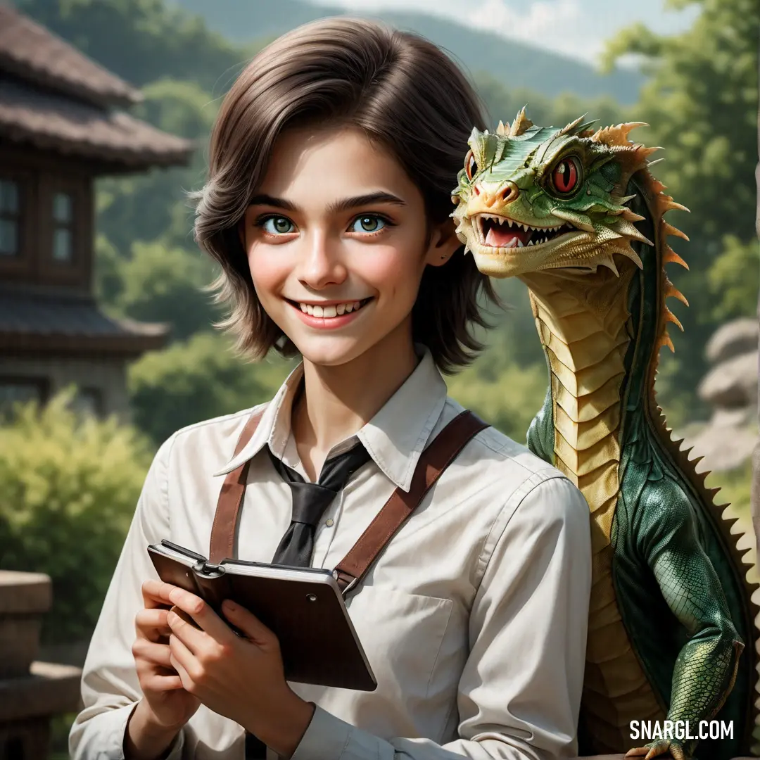 Woman holding a tablet next to a dragon statue on a wall with a house in the background. Example of CMYK 0,17,31,72 color.