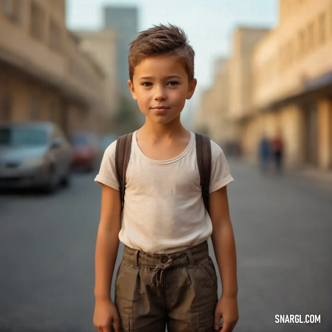 Young boy standing on a street with a backpack on his back and a car parked in the background. Example of Dark taupe color.