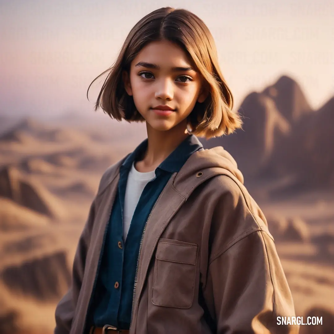 Young girl standing in front of a desert landscape with mountains in the background. Color #483C32.