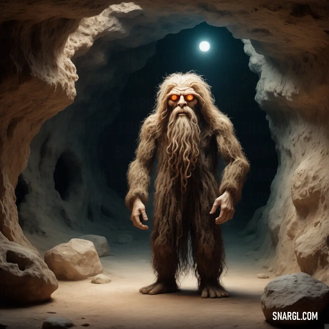 Man with a beard and big eyes standing in a cave with rocks