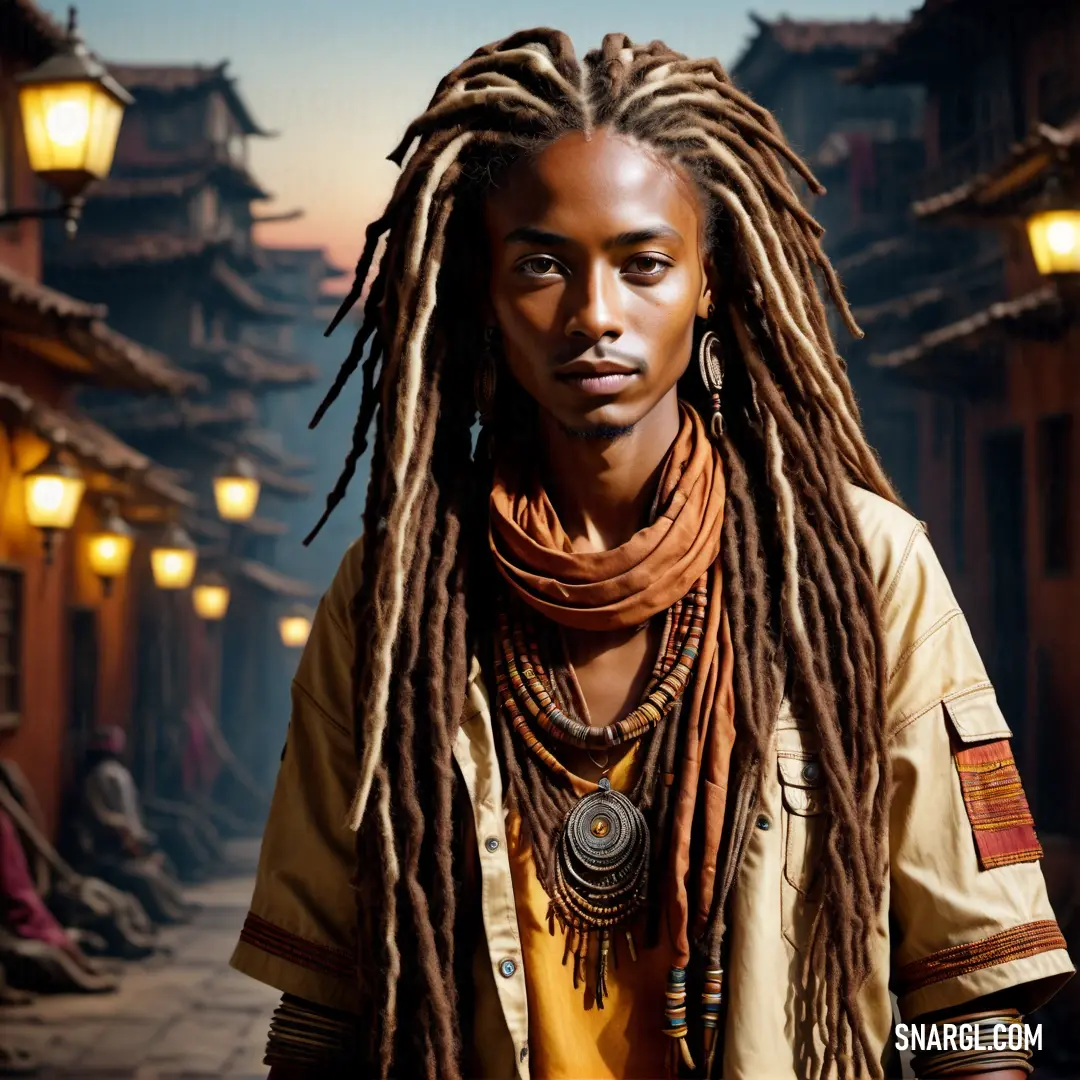 Dark taupe color example: Man with dreadlocks standing in a street at night with a lantern in the background