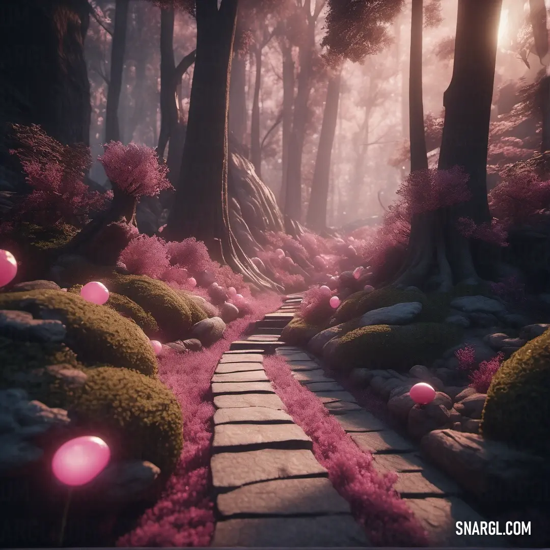 Path in a forest with pink flowers and rocks and a light shining through the trees and bushes on the ground. Example of CMYK 0,17,31,72 color.
