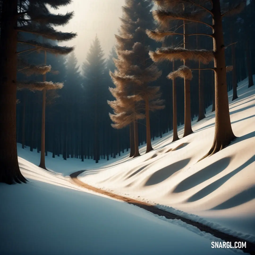 Path through a snowy forest with tall trees on the side of it. Color CMYK 0,17,31,72.