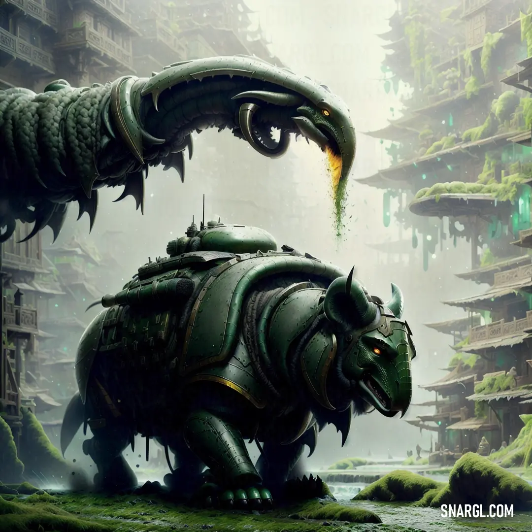 Futuristic creature with a huge tail and a huge body of green paint on it's body