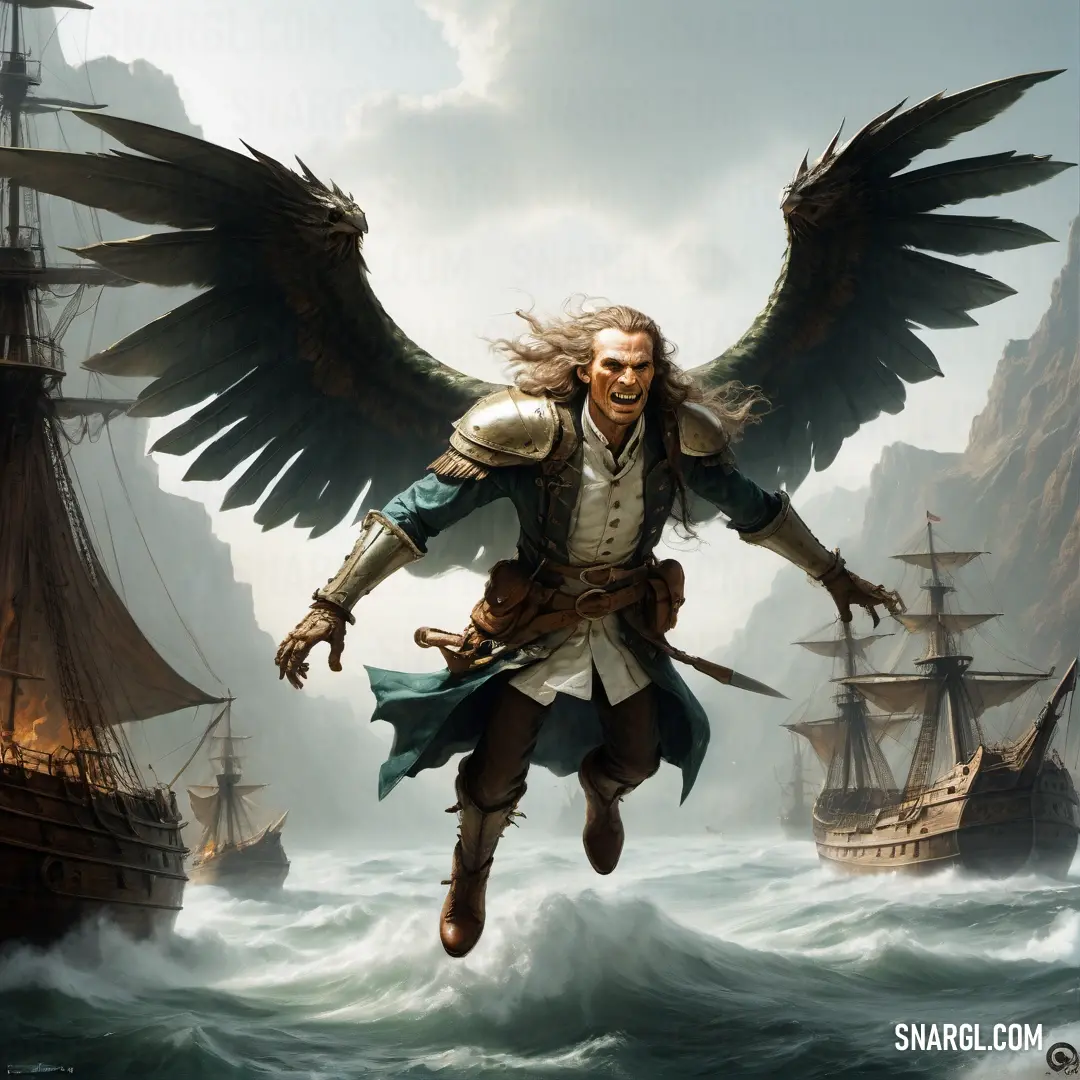 Man with wings flying over a boat in the ocean with a pirate ship in the background